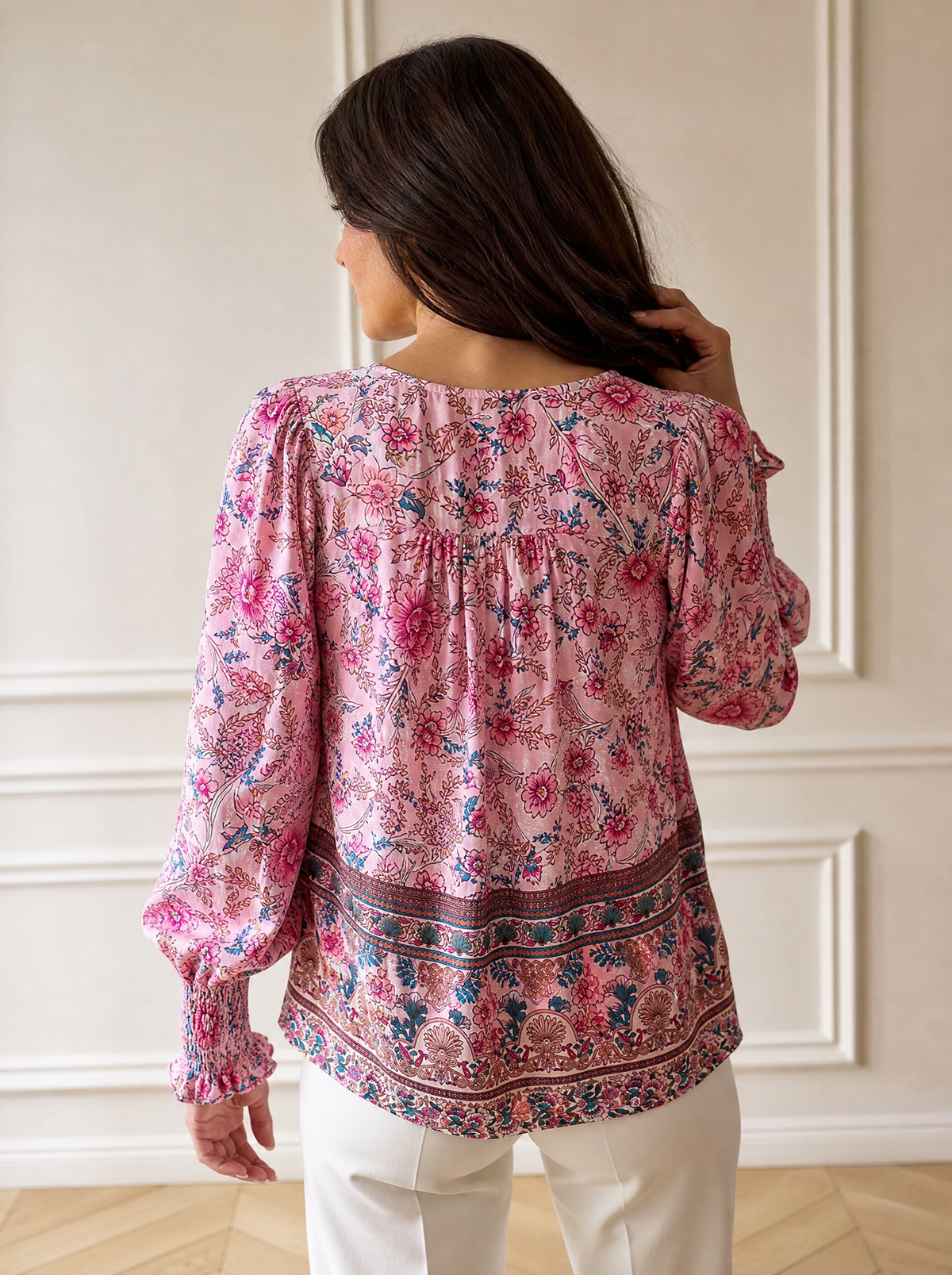 Floral Print Tie-Neck Blouse with Smocked Cuffs - back