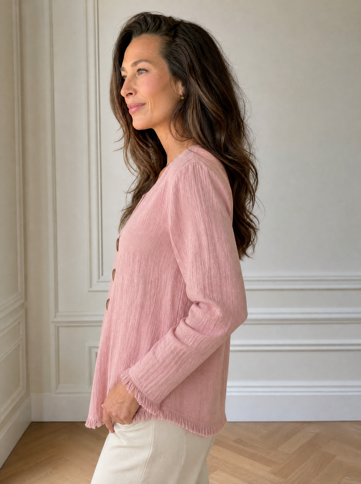 Full Size Frayed Hem Long Sleeve Blouse Plus Size - side