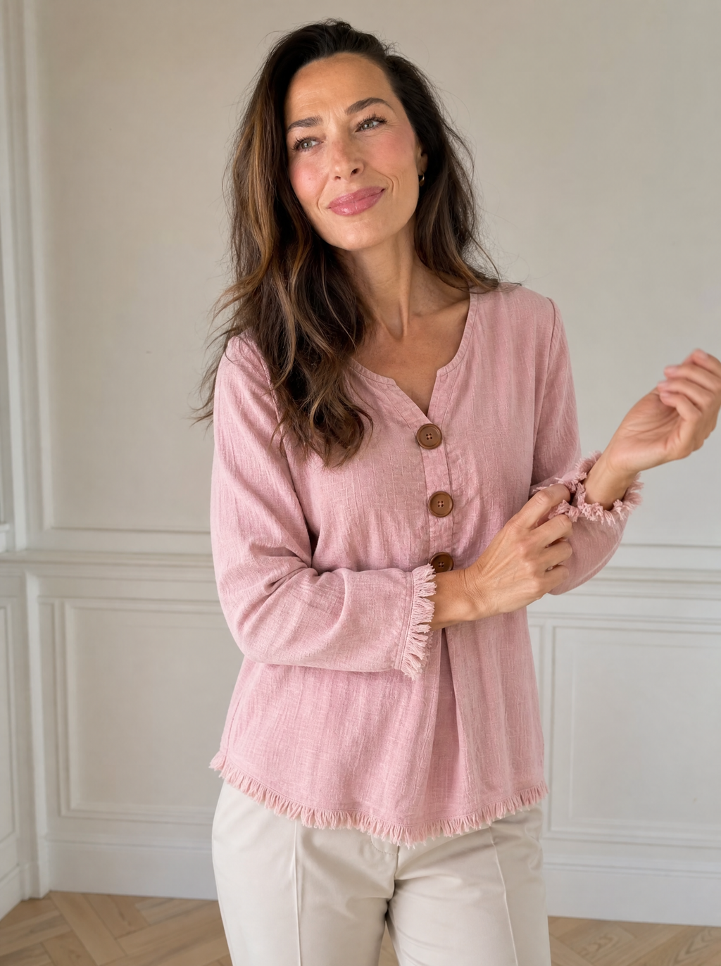 Full Size Frayed Hem Long Sleeve Blouse Plus Size - front