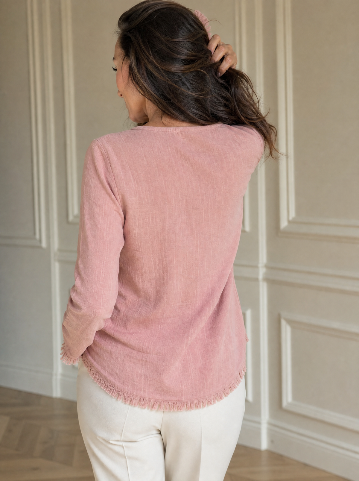 Full Size Frayed Hem Long Sleeve Blouse Plus Size - back