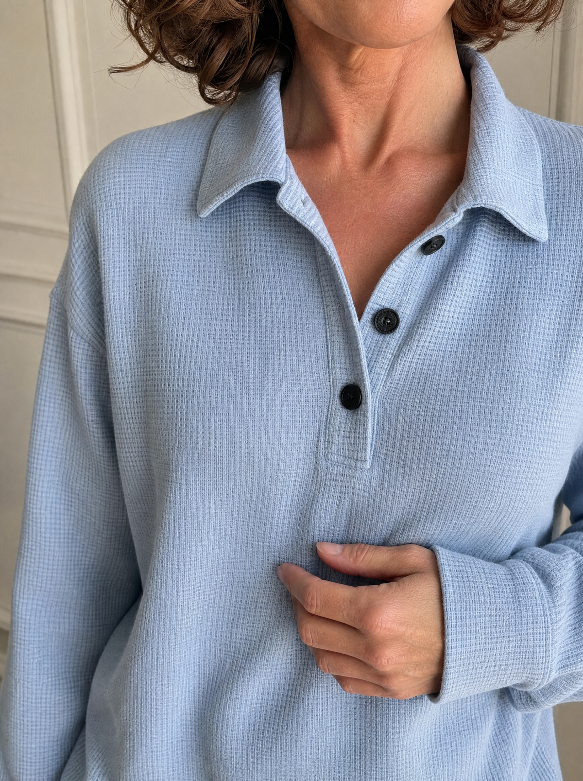 Full Size Waffle Knit Dropped Shoulder Polo Top Plus Size - detail