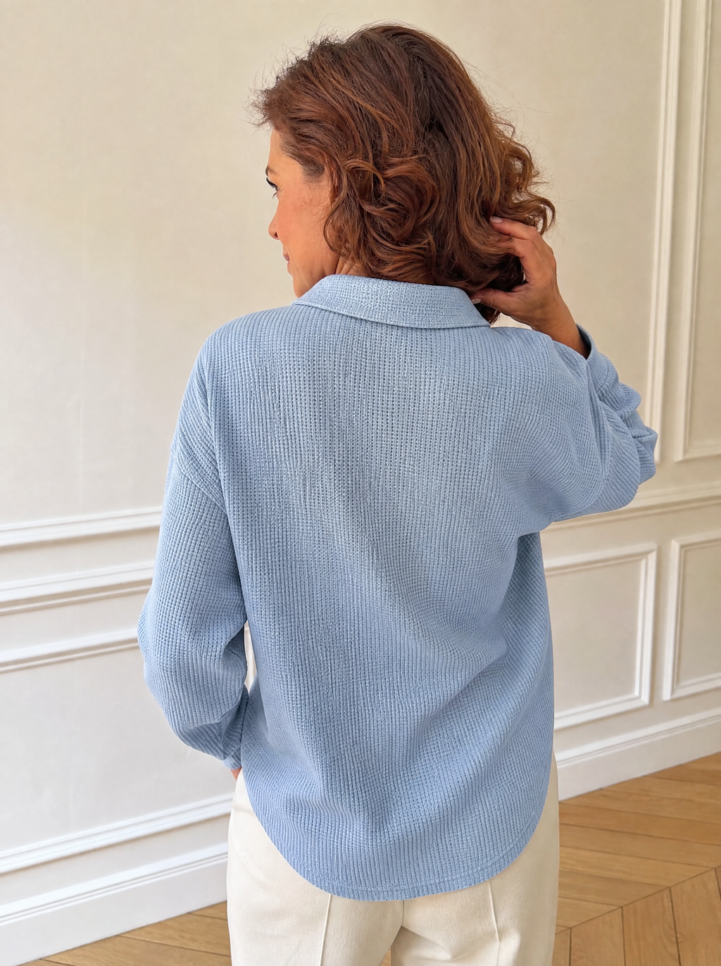 Full Size Waffle Knit Dropped Shoulder Polo Top Plus Size - back