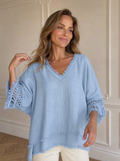 Full Size Fringe Trim V-Neck Loose Fit Blouse Plus Size - front