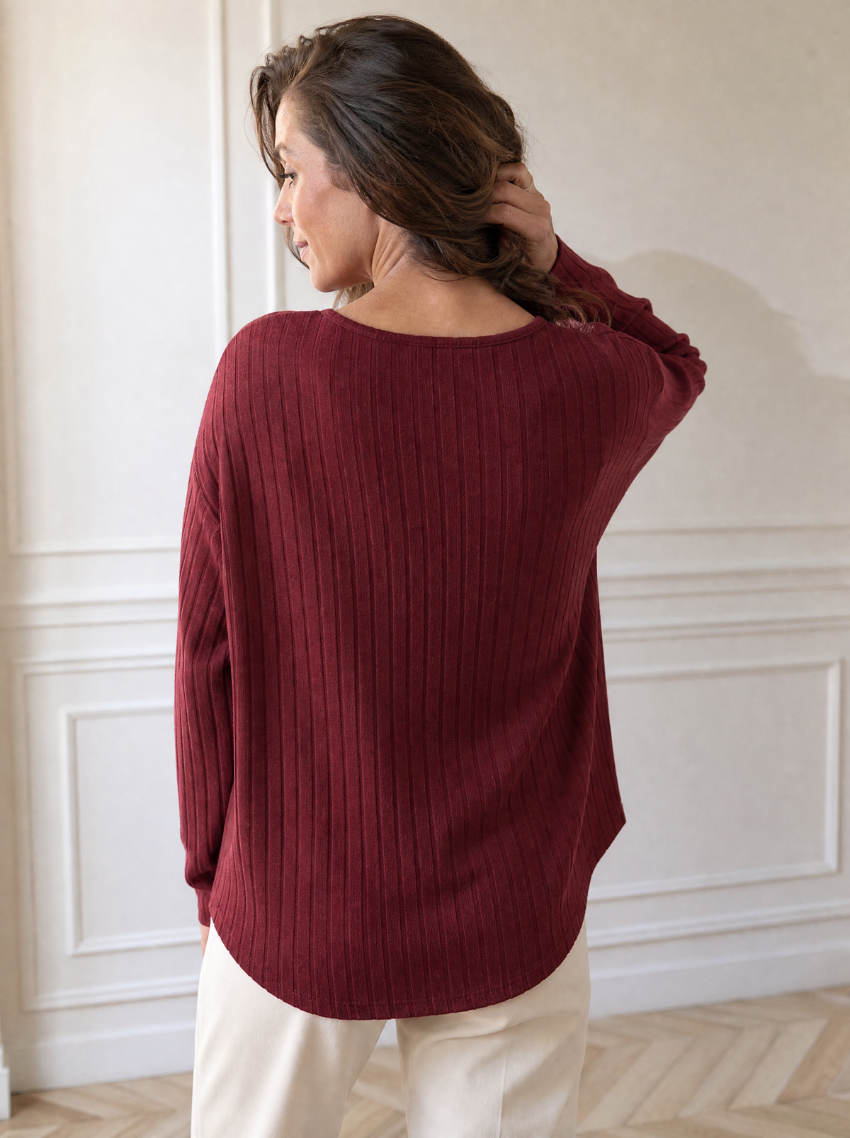 V-Neck Ribbed Long Sleeve T-Shirt - back