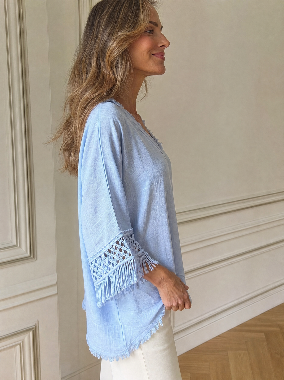 Full Size Fringe Trim V-Neck Loose Fit Blouse Plus Size - side