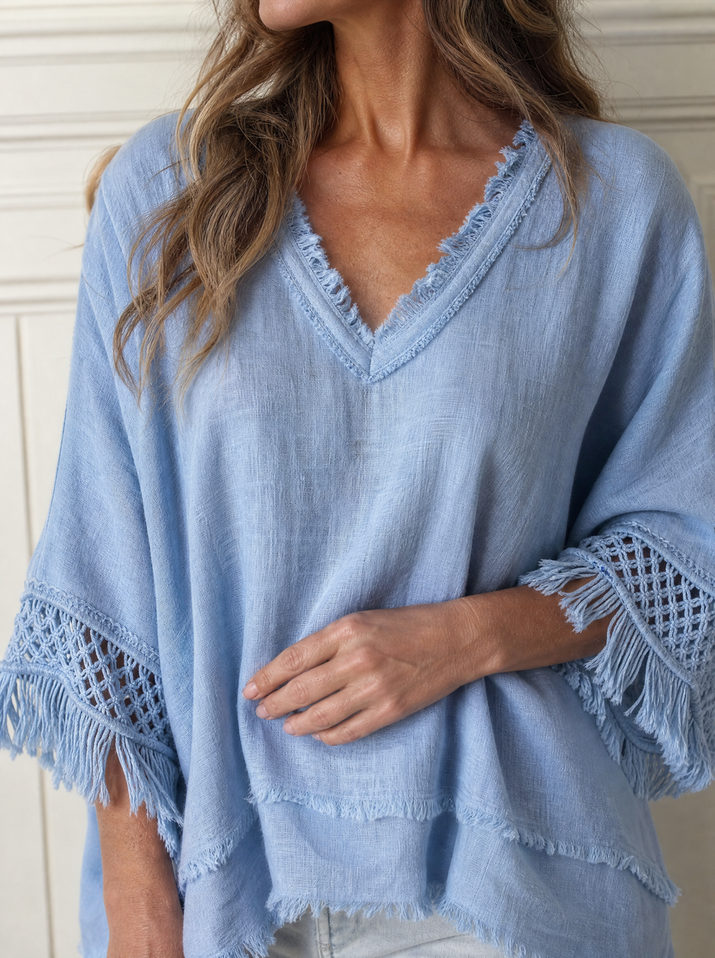 Full Size Fringe Trim V-Neck Loose Fit Blouse Plus Size - detail