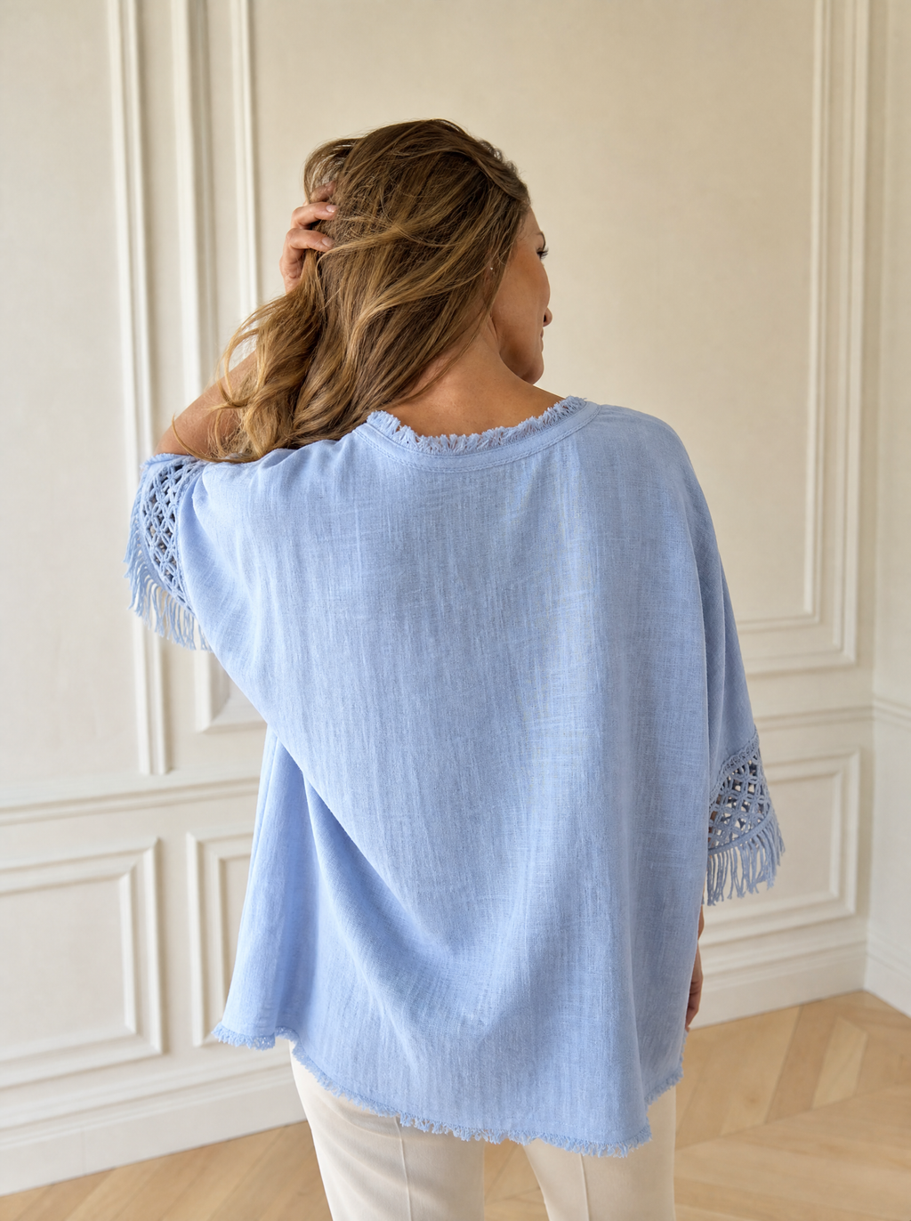 Full Size Fringe Trim V-Neck Loose Fit Blouse Plus Size - back