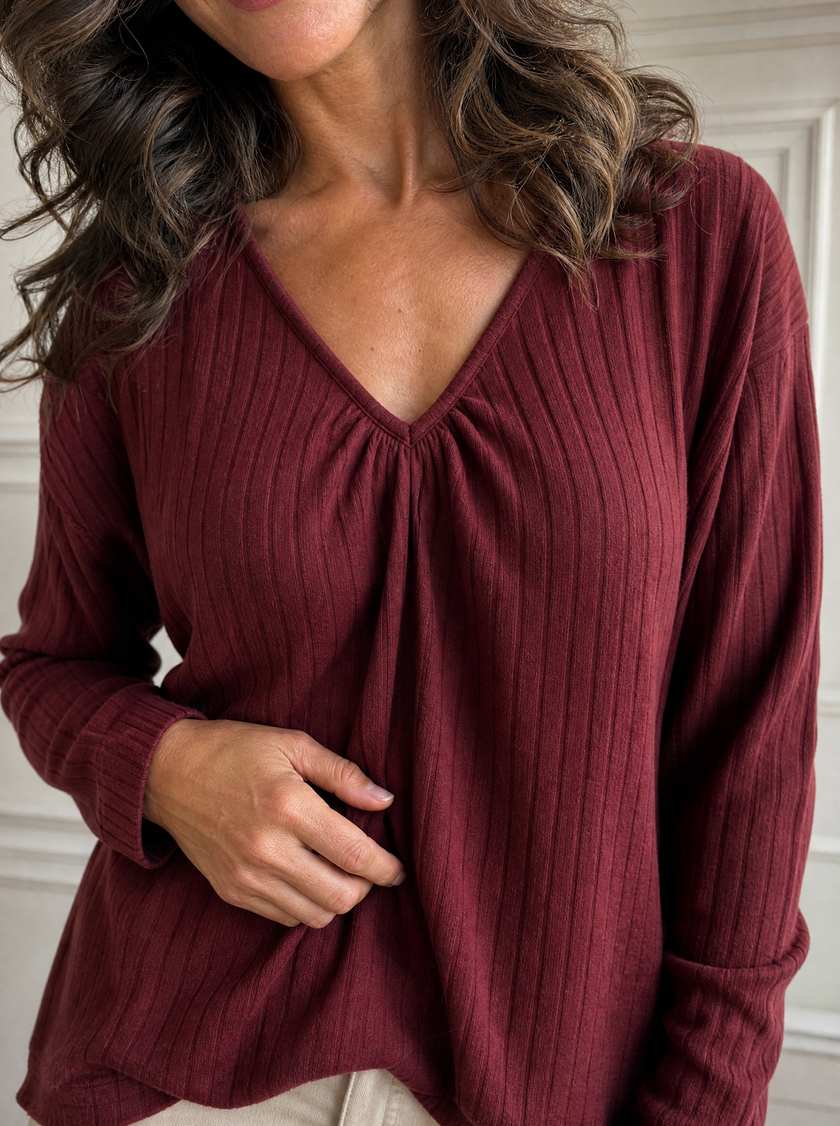V-Neck Ribbed Long Sleeve T-Shirt - detail