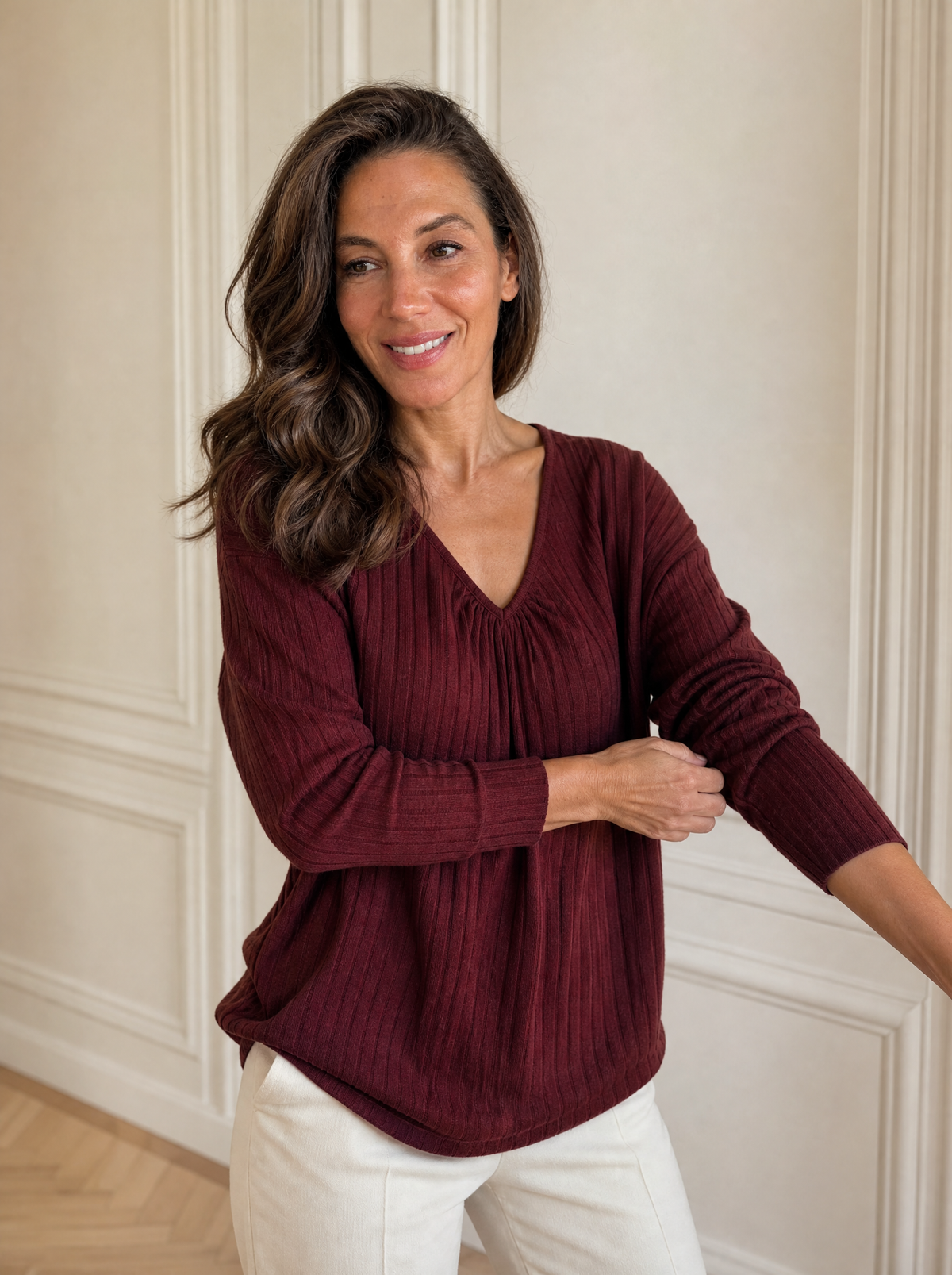 V-Neck Ribbed Long Sleeve T-Shirt - front