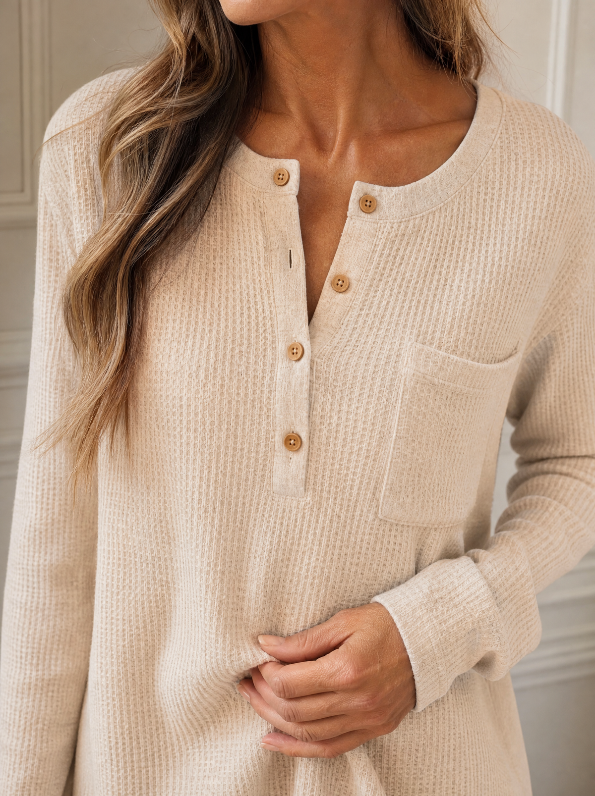 Waffle Knit Button Detail Top - detail