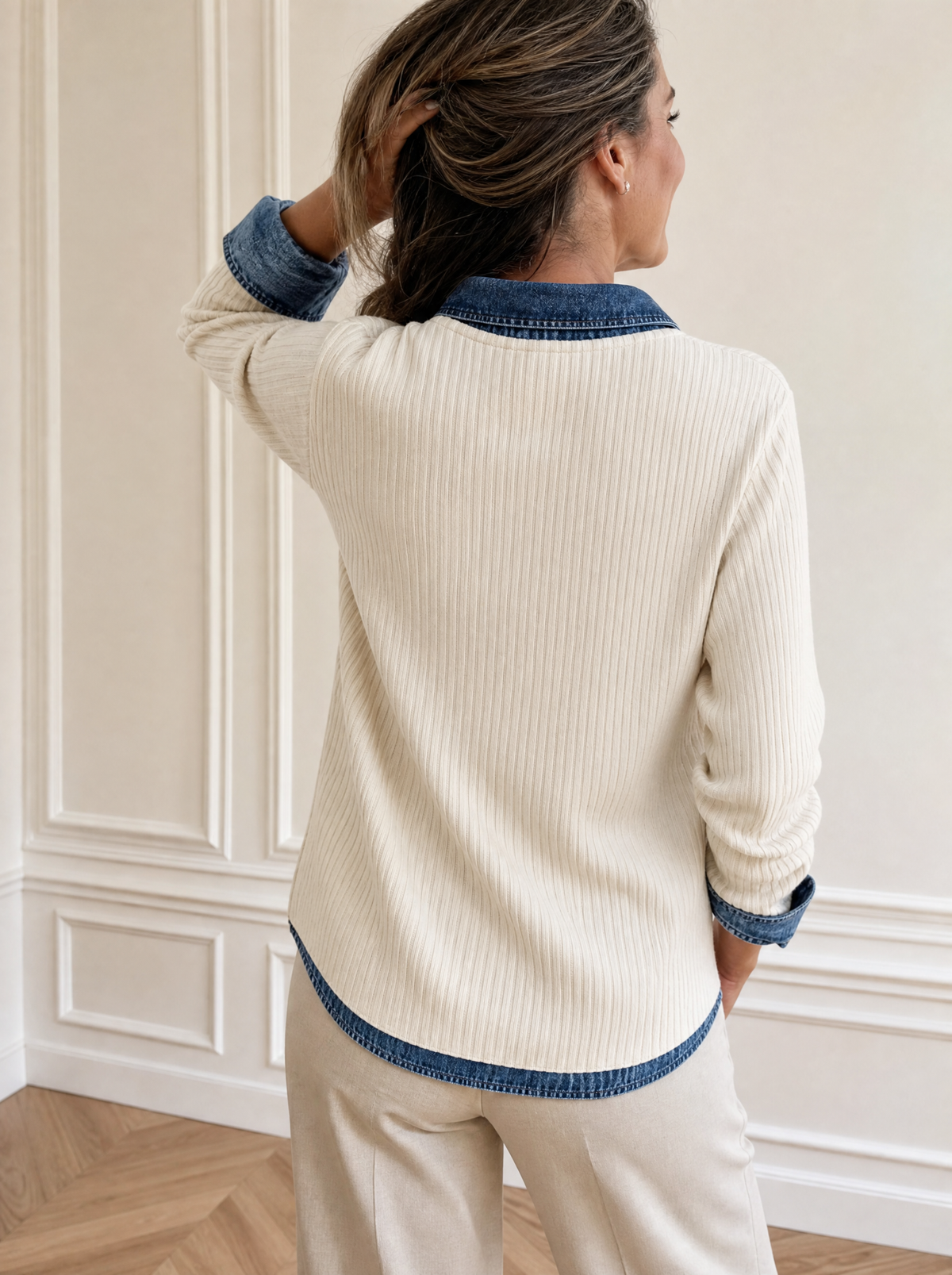 Ribbed Knit Denim Trim T-Shirt - back