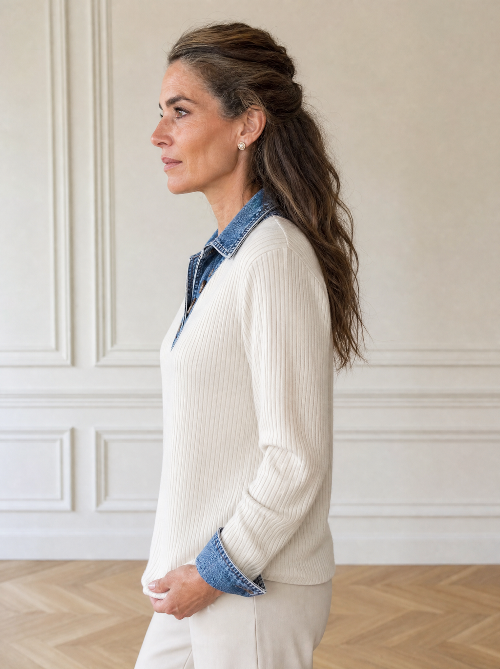 Ribbed Knit Denim Trim T-Shirt - side