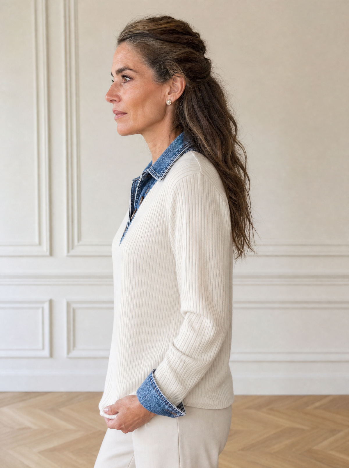 Ribbed Knit Denim Trim T-Shirt - side