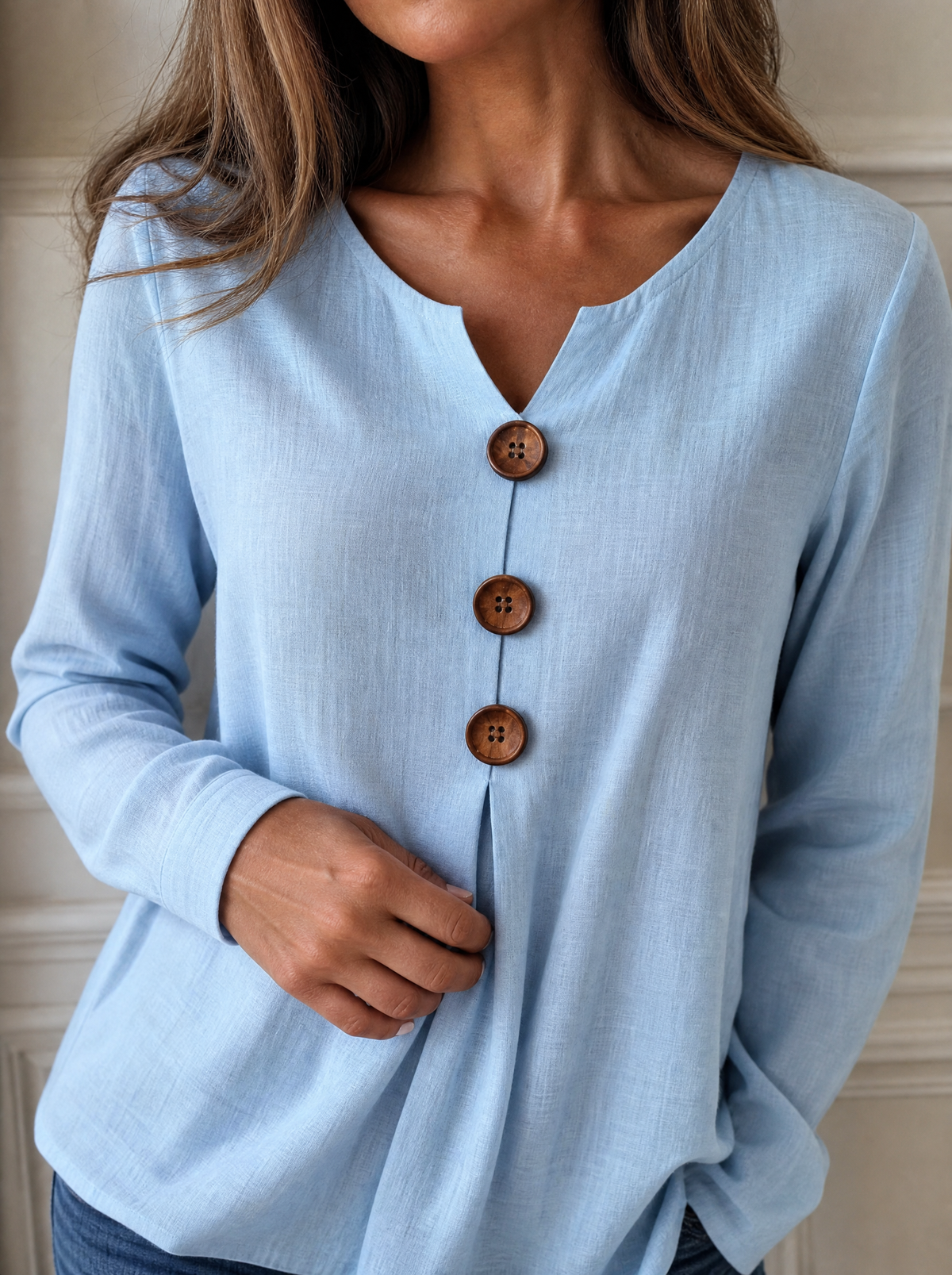 Full Size Decorative Button Long Sleeve Blouse Plus Size - detail