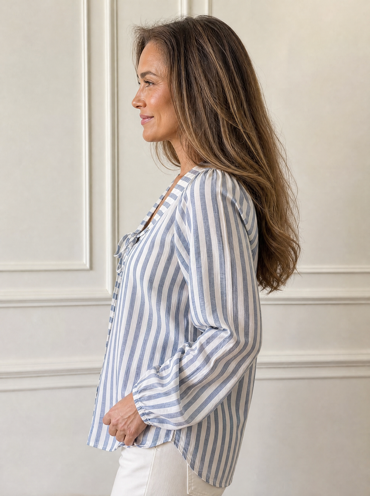 Striped Tie Front Long Sleeve Blouse - side