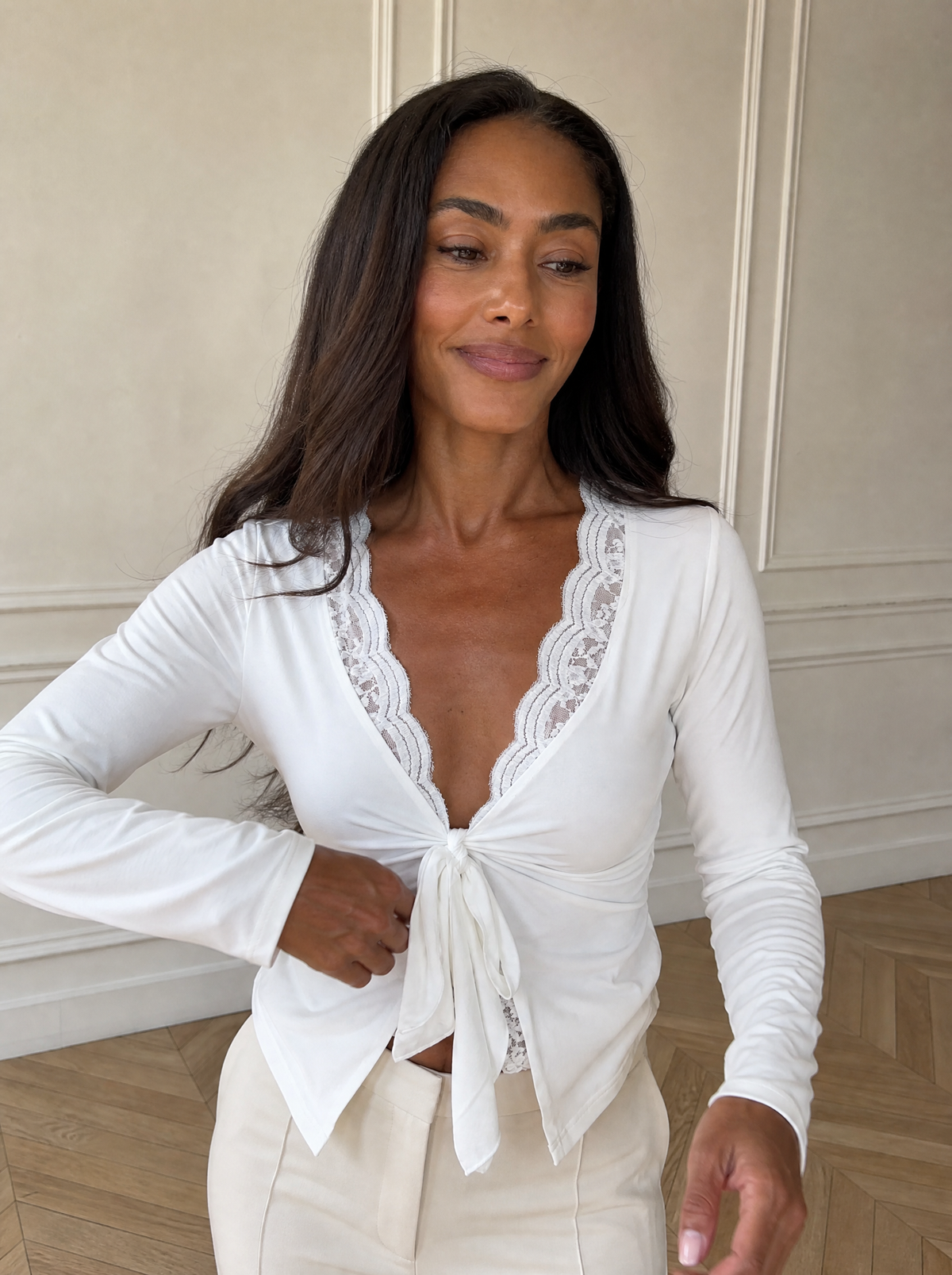 Lace-Trimmed V-Neck Tie-Front Long Sleeve T-Shirt - front