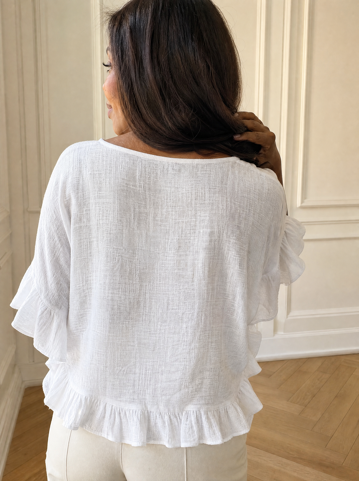 Full Size Tassel Tie Neck Ruffled Hem Blouse Plus Size - back