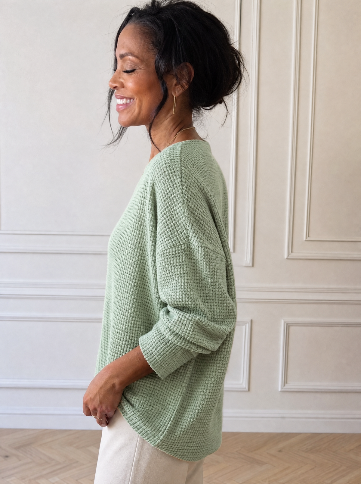Boat Neck Waffle Knit Top - side