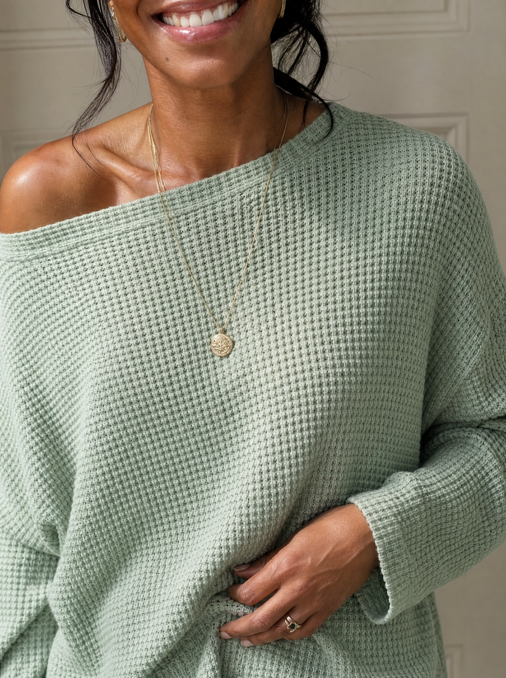 Boat Neck Waffle Knit Top - detail