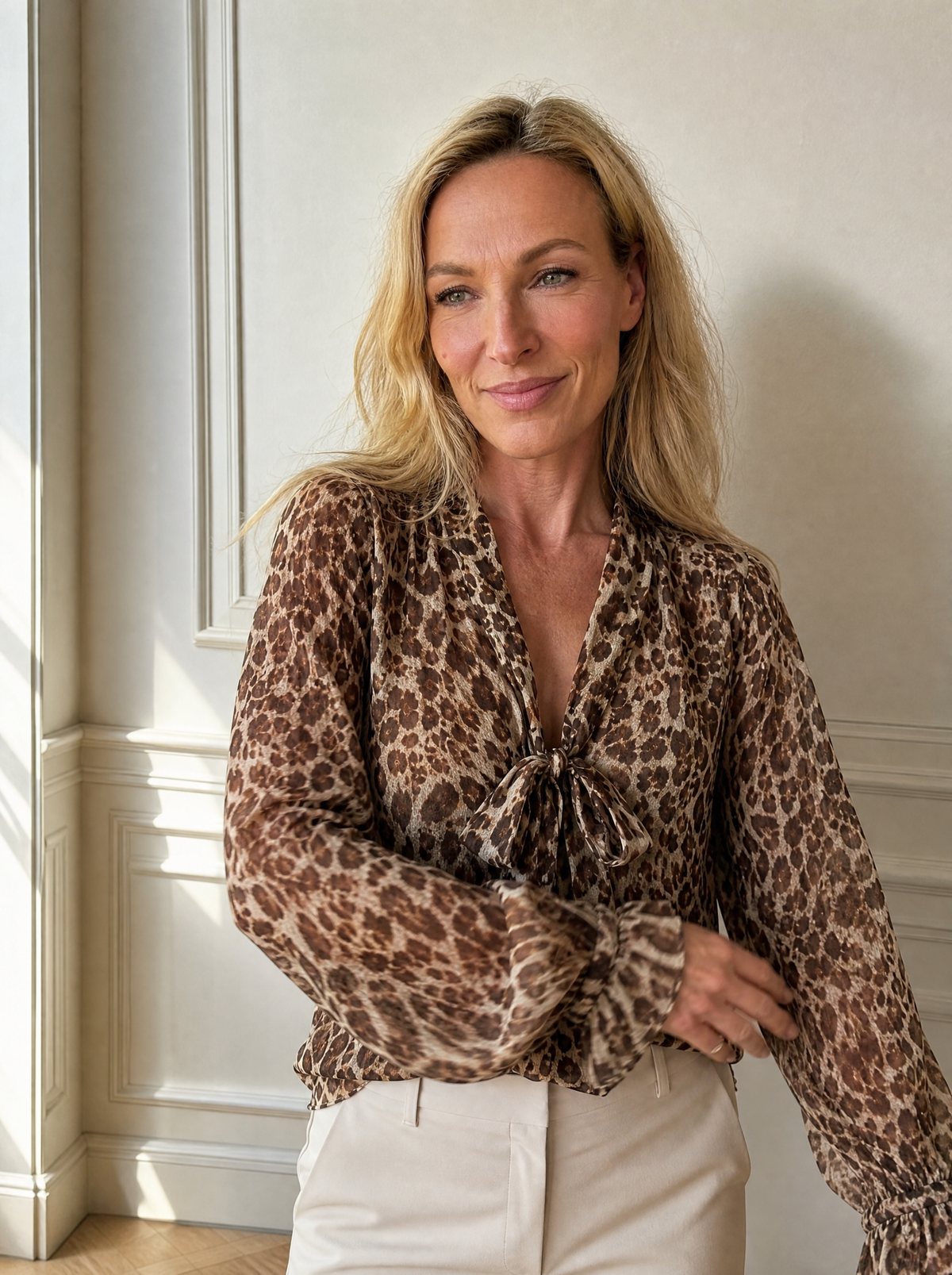 Leopard Print Chiffon Blouse with Tie-Neck and Long Sleeves - front