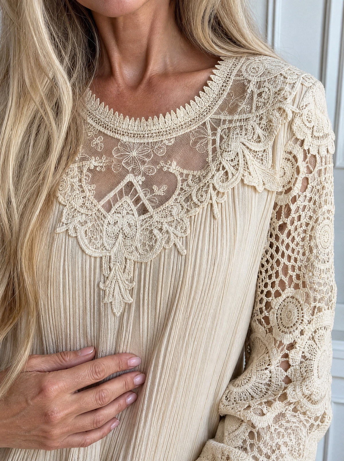 Lace Patchwork Long Sleeve Blouse - detail