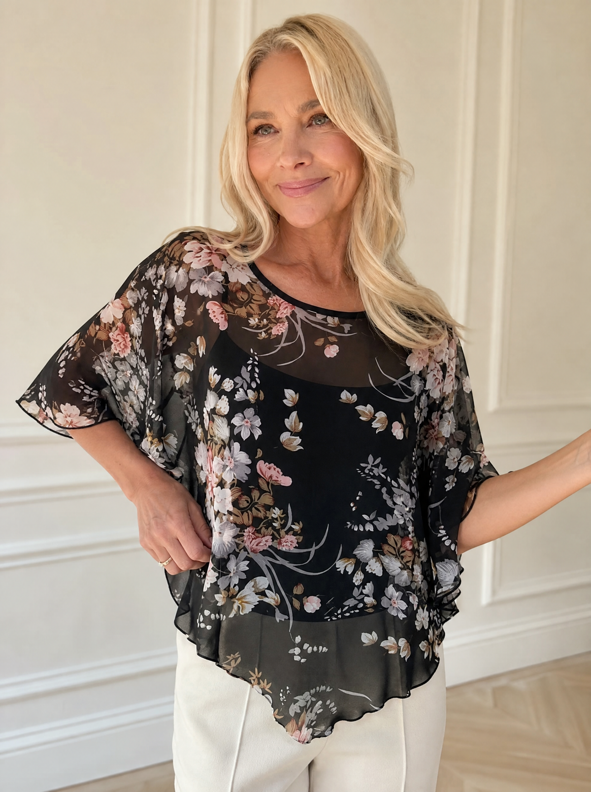 Sheer Floral Print Blouse with Flutter Sleeves - front
