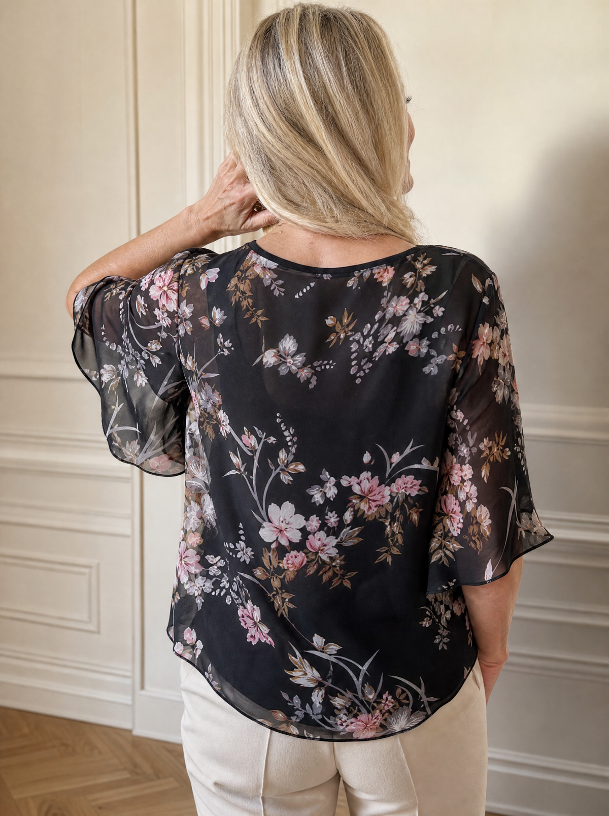 Sheer Floral Print Blouse with Flutter Sleeves - back