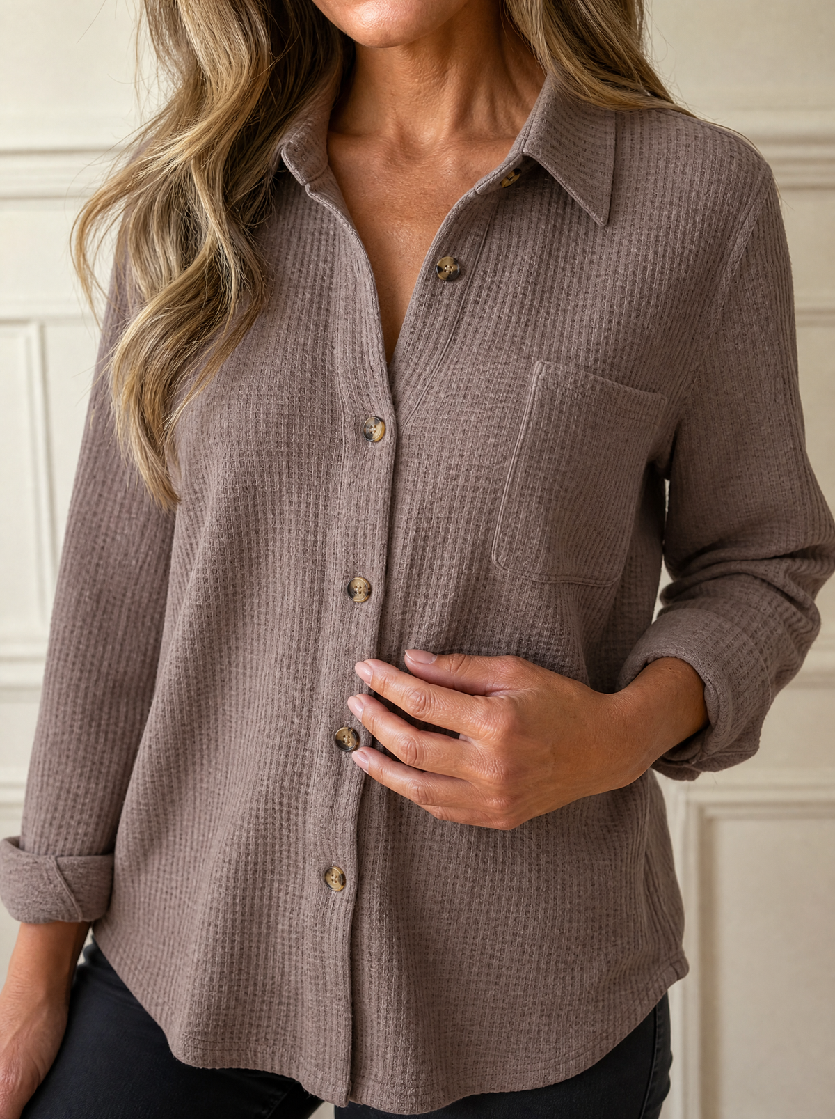 Waffle Knit Button-Down Long Sleeve Shirt - detail