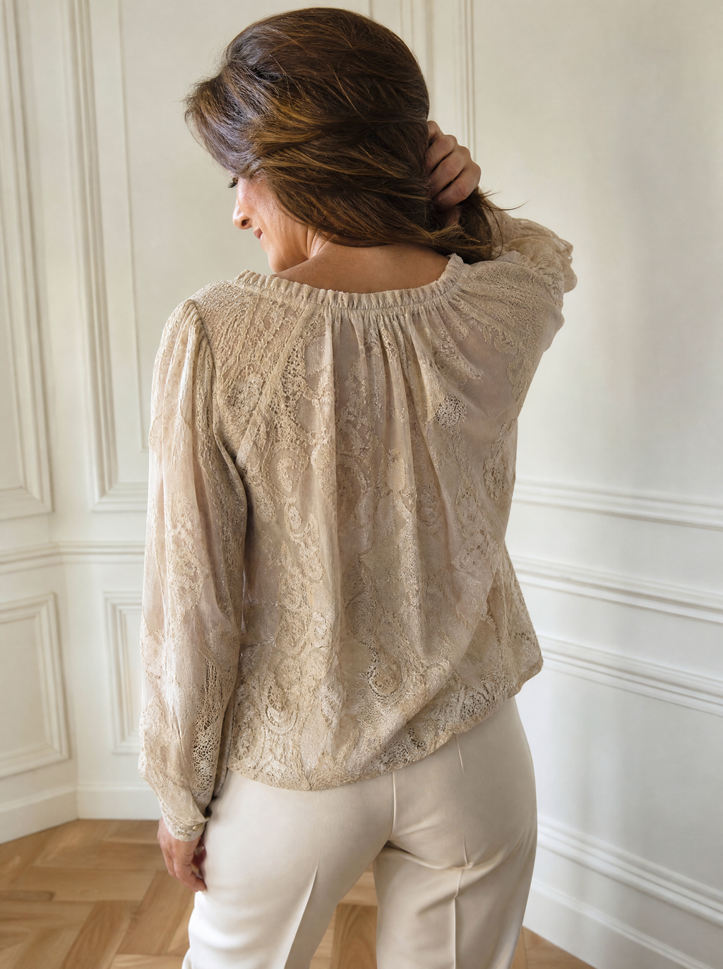 Lace Tie Neck Long Sleeve Blouse - back