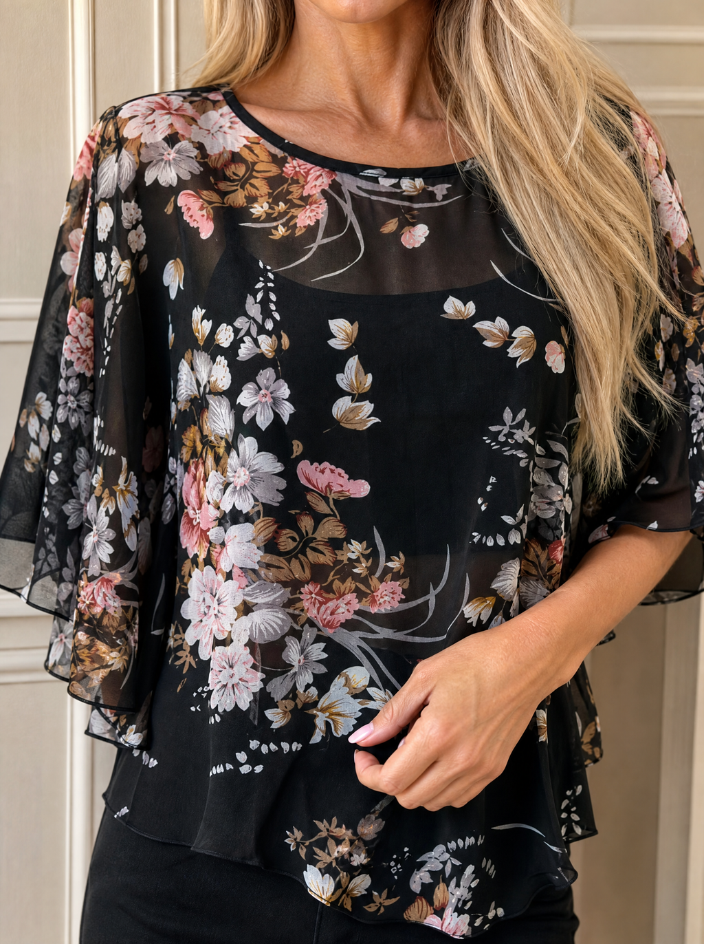 Sheer Floral Print Blouse with Flutter Sleeves - detail