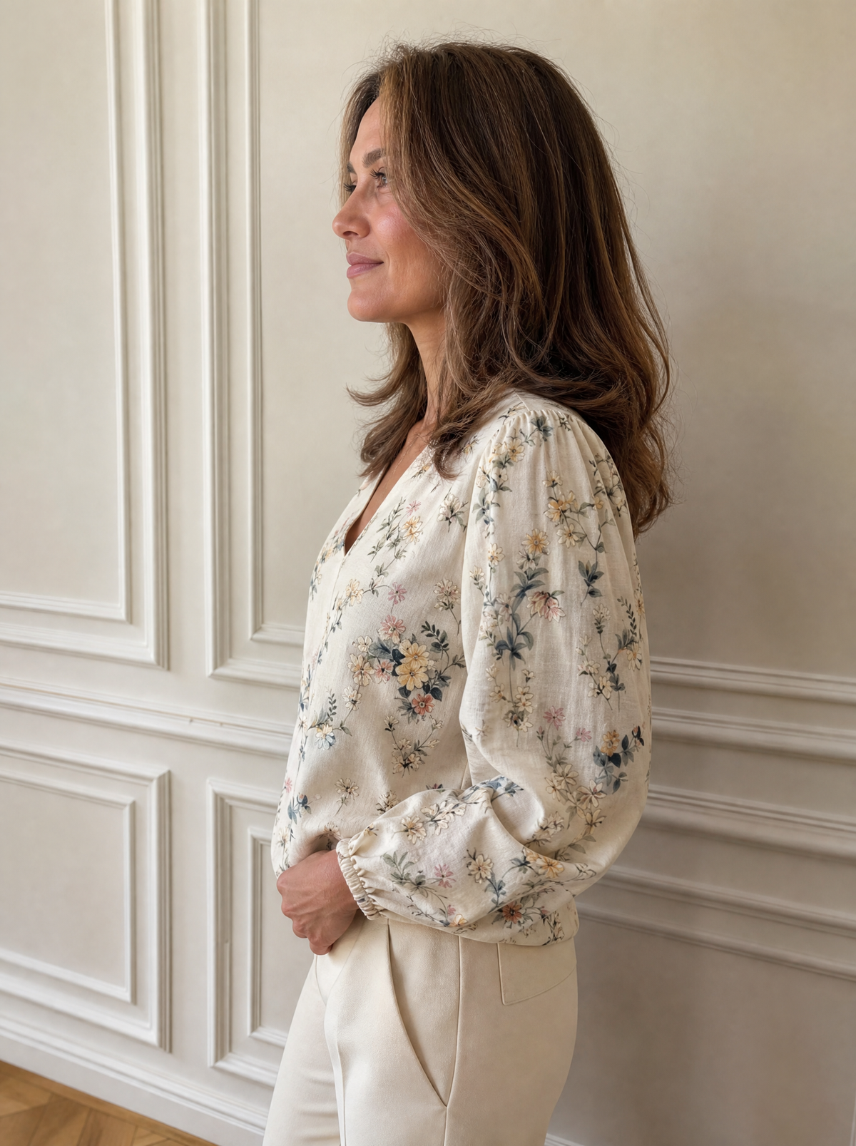 Floral Print V-Neck Long Sleeve Blouse - side