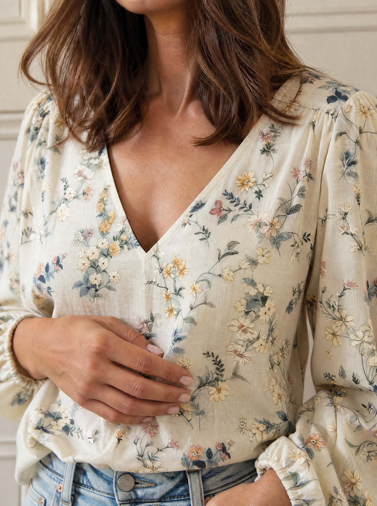 Floral Print V-Neck Long Sleeve Blouse - detail