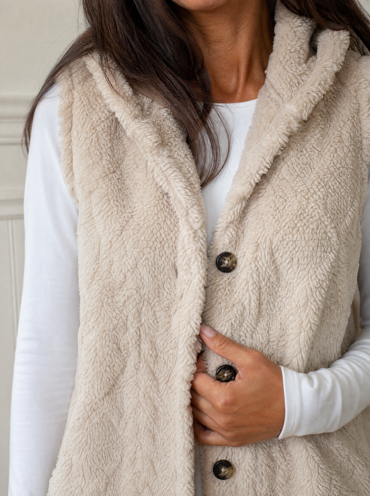 Hooded Button-Up Sherpa Vest Coat - detail