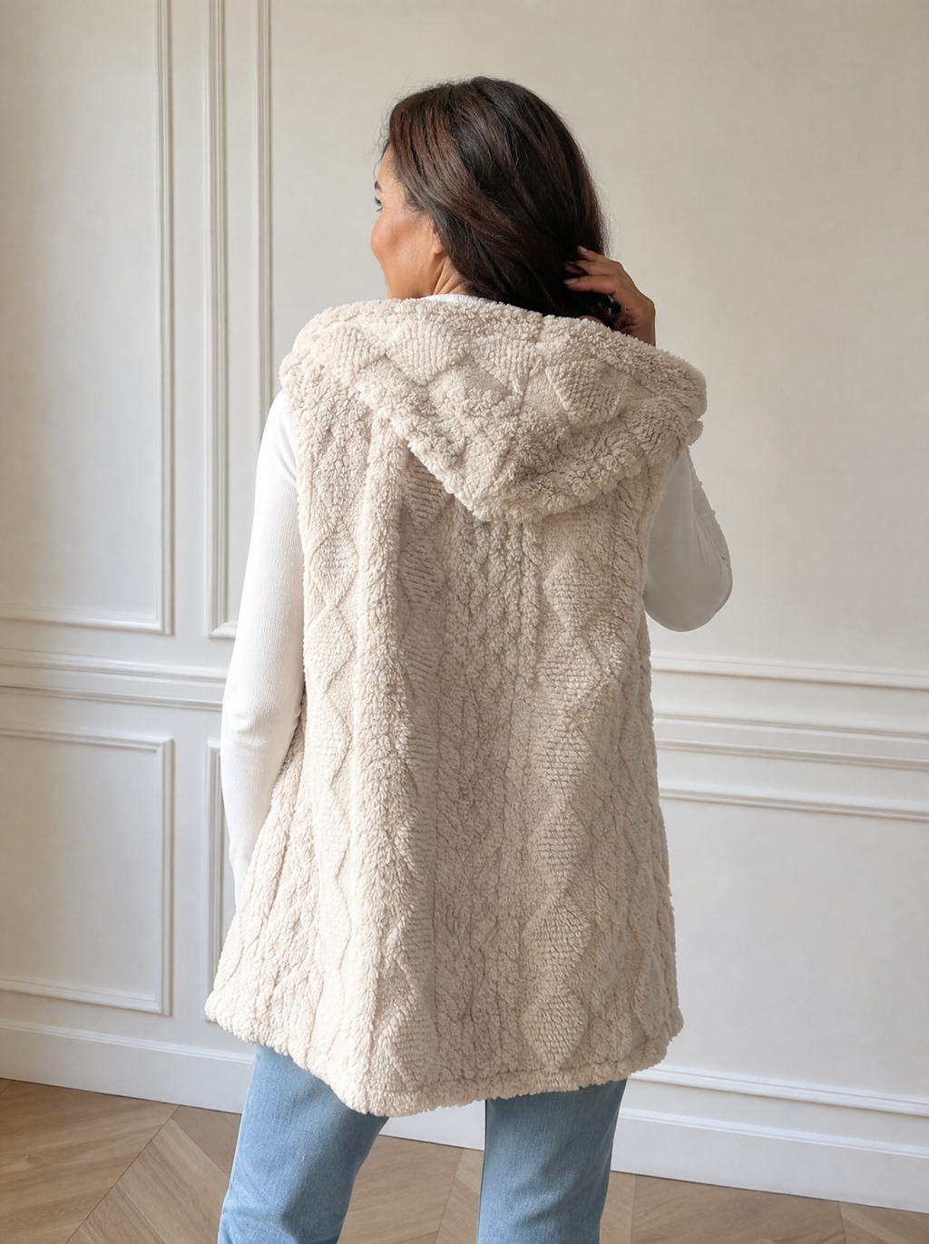 Hooded Button-Up Sherpa Vest Coat - back