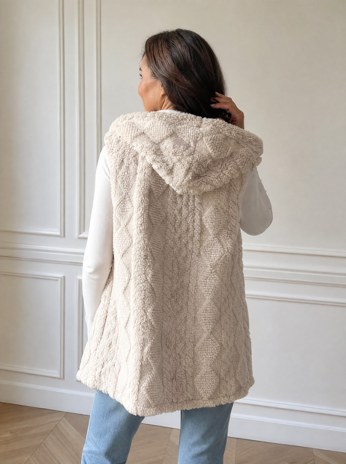 Hooded Button-Up Sherpa Vest Coat - back