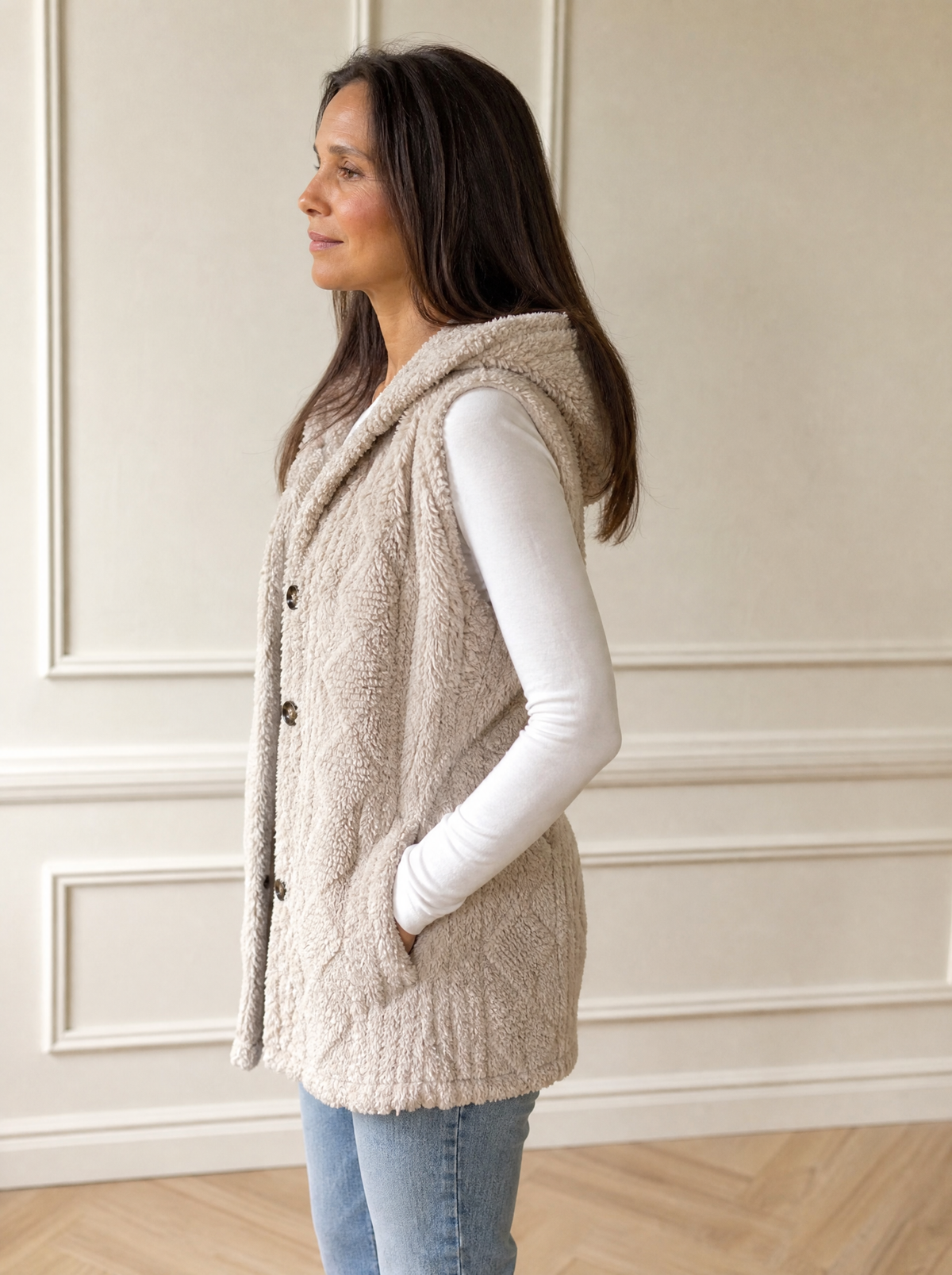 Hooded Button-Up Sherpa Vest Coat - side