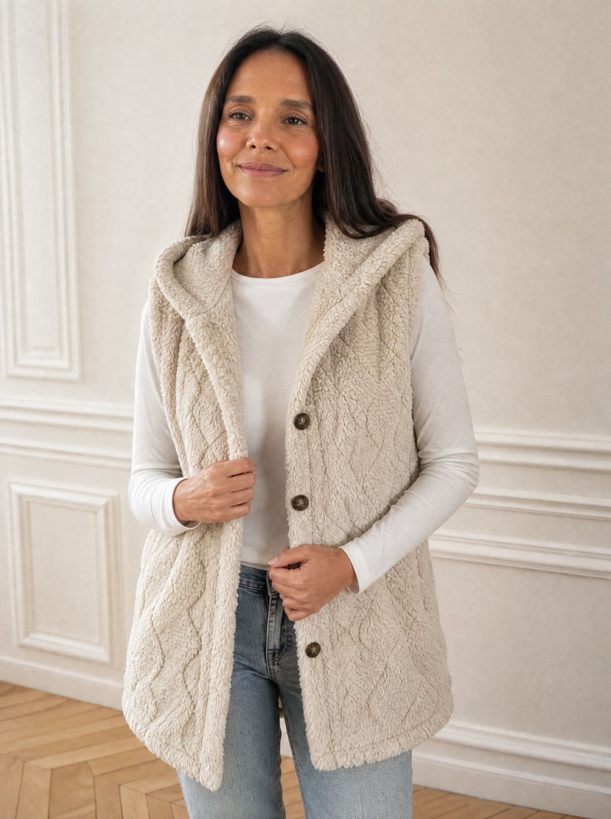 Hooded Button-Up Sherpa Vest Coat - front